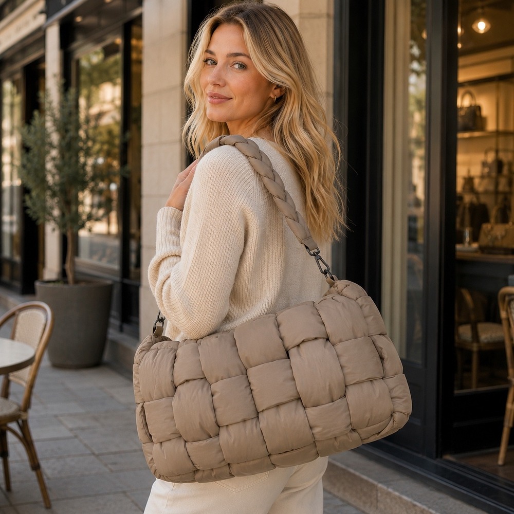 NWT Sol and Selene Woven Puffer Shoulder Bag Taupe Nude Large 18x12 Tote